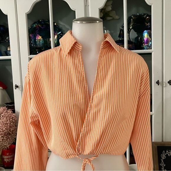 Cropped Blouse Orange & White Sz Small - Picture 3 of 9